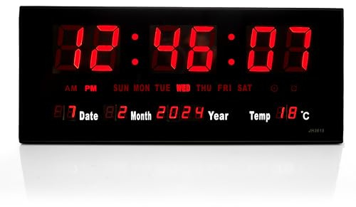 TruWare Just Camp Wanduhr Digital Groß LED Uhr mit Kalender Temperaturanzeige Studiouhr für Gewerbe Cafes Kiosk Digitaluhr XL (Rot)