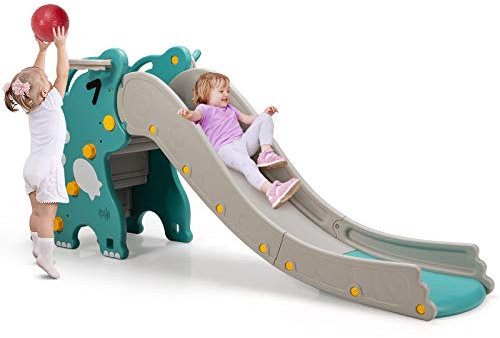 GOPLUS 4 in 1 Kinder Rutsche, Kindrutsche Kletterer Spielset mit Basketballkorb und Ringwurfspiel, Freistehendes Rutschspielzeug für Jungen und Mädchen drinnen und draußen, Grün