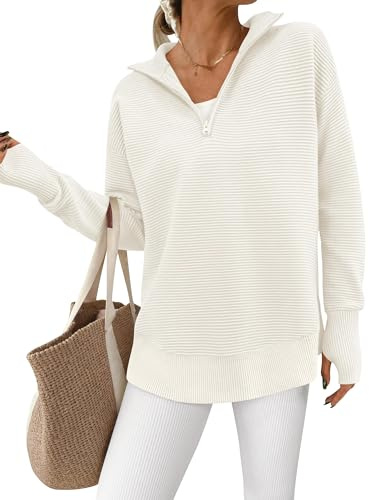 PRETTYGARDEN Womens Long Sleeve Quarter Zip Pullover Sweater(White,M)