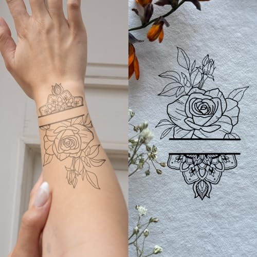 Inkster Temporäre Tattoos - Rose und Mandala - Vegane & Wasserfeste EU-Kosmetikzertifizierte Farbe - 2 Wochen Tattoo - Premium Klebetattoos & Fake Tattoo für Erwachsene