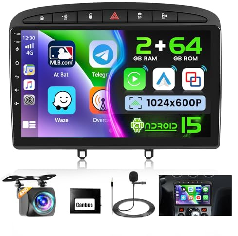 Ohradio 2G+64G Android 15 Radio Coche Peugeot 308 2007-2015 9 CarPlay | También para Peugeot 408. Android Auto Inalámbrico. WiFi. GPS. FM/RDS. BT. SWC. Cámara+MIC