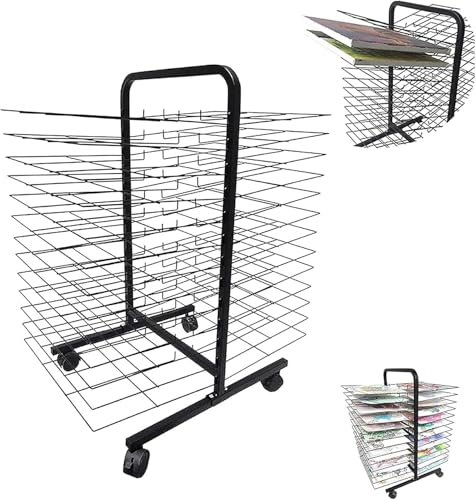 FLTRGO Trocknerständer, Aufeinanderfolgende Doppelseitige Mobile Kunst Trockenstange Mit Drahtregalen Für Kunstwerke, Schwarzpulverbeschichteter Finish ， Ideal Für Schulen Und Kunstclubs