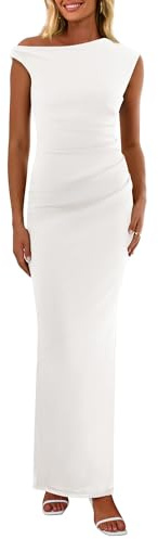 PRETTYGARDEN Women's 2026 Summer Formal Maxi Dresses Sleeveless One Shoulder Bodycon Ruched Mesh Wedding Guest Cocktail Dress (White,Medium)