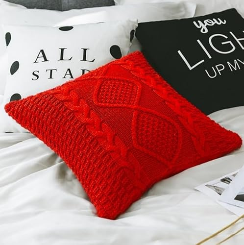 Fundas de almohada de algodón de punto trenzado, cojín, suave, decorativo, de doble cara, para cama, coche, sofá, suéter, funda de almohada cuadrada cálida (rojo)