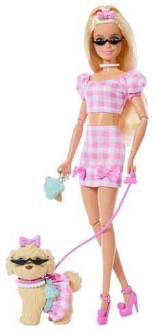 Barbie - Twinning Looks, bambola bionda e cagnolino in abiti rosa a quadretti abbinati, accessori per entrambi, occhiali da sole, collane e fiocchi, giocattolo per bambini, 3+ anni, JFP36