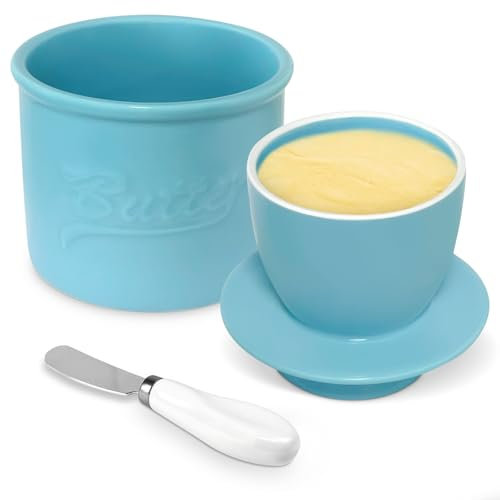 Miyacare Burriera in Porcellana,Burriera Francese Raffreddato ad Acqua,Campana per Burro con Coperchio e Coltello per Burro,Contenitore per Burro per Burro Fresco e Spalmabile (Blu, 10CM)