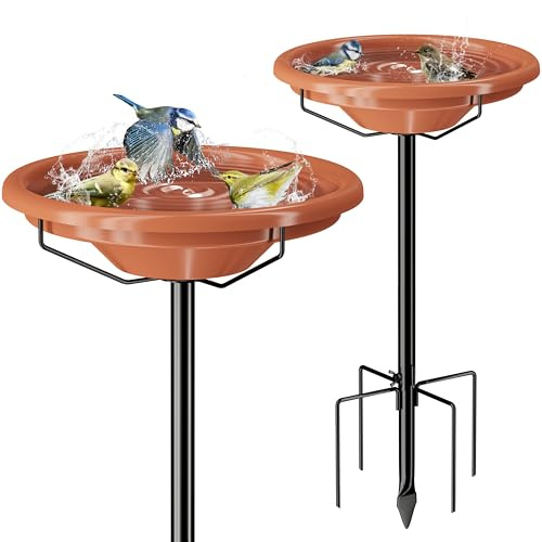 iBorn Fågelbad för utomhusbruk, Fågel Tillbehör, Fågelbad på Fot, 91 cm Metall Fristående, 12 tum BPA-fri Skål, 3 Justerbara Höjder, Avtagbart, Bas med 5 Spetsar, Paket med 1
