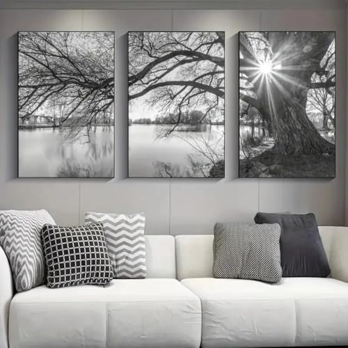 3 Cuadros Decoracion Salon Modernos Para Pared Sobre Lienzo Póster Negro Blanco Gris Impresionante Árbol Grande Lago Puesta de sol Naturaleza Paisaje Estudio Impresiones artísticas Regalo Dormitorio G
