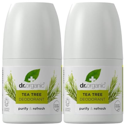 Dr Organic Desodorante Roll On Árbol de Té 50ml x 2 pack - sin Aluminio, Parabenos ni Químicos, Desodorante Natural para Mujer y Hombre, Vegano y Orgánico