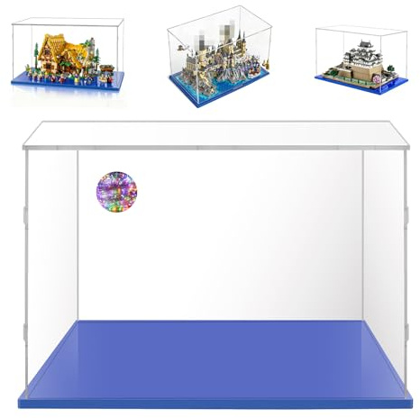 40x30x25 Acryl Klar Vitrine für Lego 76419 43242 75357 76295 21060 42158 | für Hogwarts Schloss,Schneewittchen Haus,Ghost & Phantom II,Burg Himeji,Einfach zu Installieren,Staubschutz,Blau Basis
