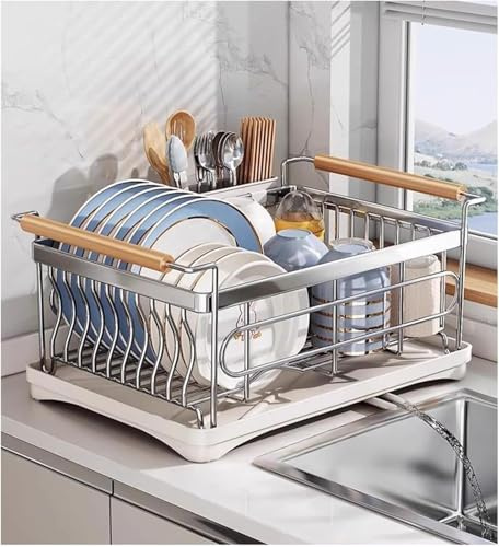 Escurridor de platos de acero inoxidable con mango de madera que ahorra espacio, escurridor y escurridor de platos de cocina de 46 x 31 x 23 cm, soluciones de secado eficientes para espacios pequeños
