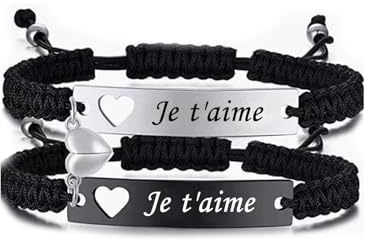 Juozyve Couple Bracelet Amoureux pour 2 : 2Pcs Bracelet Réglable en Cordon Tressé Acier Inoxydable Gravure Je t'aime Bracelets d'Amitié pour Homme Femme Noël La Saint-Valentin Anniversaire Cadeau