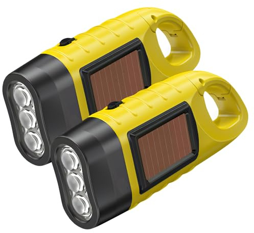 2 PCS Wind Up Solar Torch UK Led Rechargeable Camping Flashlight Hand Crank | Solar Powered Torch Super Bright Portable Survival Emergency Kit Small Dynamo Light with Carabiner Hook