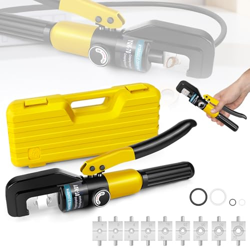 WELAIRICH Hydraulic Crimping Tool, 9 Sets of Crimping Shapes, Hydraulic Cable Lug Crimper for Copper and Aluminum Terminal Lugs Battery Wire Crimping, Crimping Shapes 4-50 mm² for Copper Alum (Yellow)