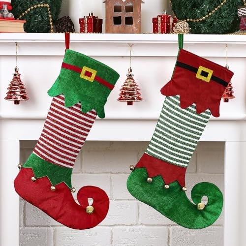 DAJASD Calcetines de Navidad personalizados, 2 unidades de 56 cm, calcetines navideños para colgar, calcetines navideños personalizados, grandes calcetines de Navidad con forma de elfo para árboles de
