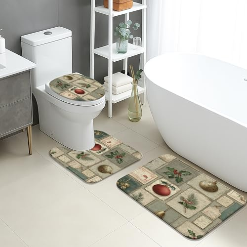 Weihnachtliches Badezimmermatten-Set, 3-teilig, Vintage-Stil, Weihnachtsdekoration, saugfähig, rutschfest, WC-Vorleger, U-förmig, waschbar, festlich, dekorativ, schnell trocknend