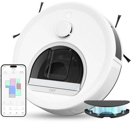OKP L6 Robot Aspirapolvere Lavapavimenti con Mappatura, 6000 Pa, Navigazione Laser dTOF, Evitamento Ostacoli PSD, 150 Min, WiFi 2.4G/5G, Alexa, Ideale per Peli Animali e Pavimenti Duri, Bianco