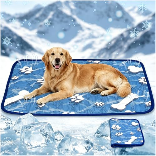 TOGETDREAM Dog Cooling Mat Large 100x70cm, Pet Cool Mat for Dogs & Cat, Soft Cool Touch Fabric Cooling Dog Bed with Anti-Slip Bottom, Waterproof & Washable, Cute Bone Paw Print (Blue XL)