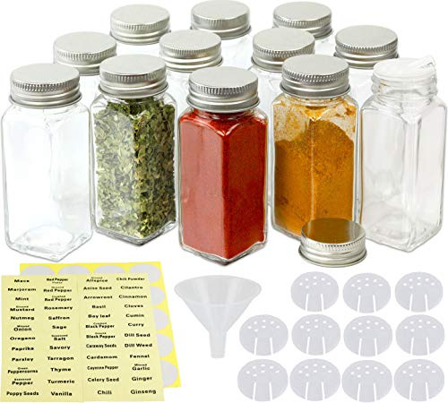 Simple Houseware Spice Jars 4 Ounce Square Glass Bottles with Shaker Lids, Funnel and Labels for Seasoning & Storage, 12 Pack