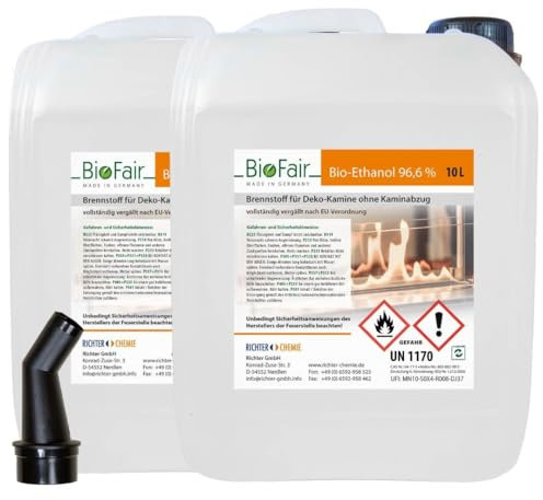 BioFair Bioethanol - Reiner Brennstoff - Bioethanol für Bioethanolkamin, Ethanol Tischkamin, Wandkamin Indoor - 2 x 10 Liter