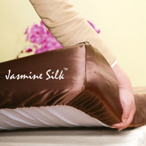Jasmine Silk Sábana bajera ajustable 100% seda de morera 19 mm (mocha) – Doble: 140 cm x 190 cm + 26 cm