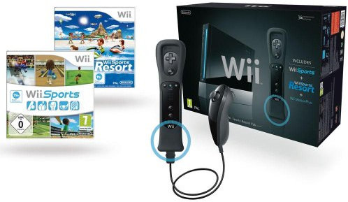 Spelkonsol Wii svart + spel Wii sport + spel Wii Sport Resort + 1 fjärrkontroll Wii plus svart + 1 Nunchuk svart
