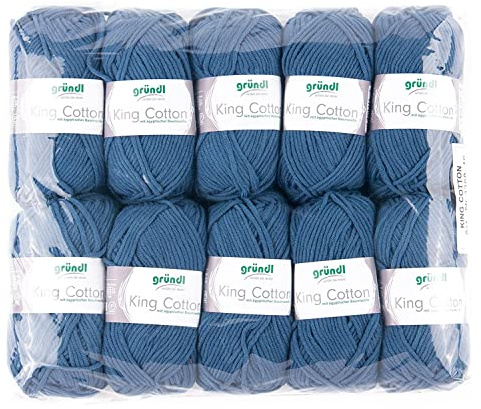 Gründl King Cotton (mjukt och voluminöst stick- och virkgarn tillverkat av 55% polyakryl och 45% bomull, 50 g/78 m, nåltjocklek: 6–7, 10 x 50 g), jeansblå