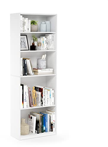 Furinno Jaya Book Shelf, 5-Tier Bookshelf, Bookcase with Adjustable Shelves, 9.5 x 24.5 x 71.2, for Organization and Storage, for Living Room, Bedroom, Home Office, White
