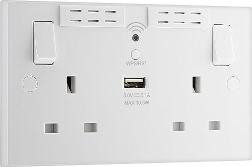 BG Electrical Double Switched Power Wall Plug Socket with Type A USB and Wi-Fi Extender, Square Edge, Nexus 900 Series, White Moulded, 13A, 922UWR