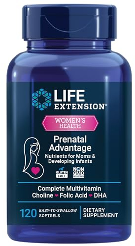 Life Extension Prenatal Advantage, Women’s multivitamin, Baby Support, folic Acid, Choline, omega-3s, Vitamin C, D3, B1, B6, B12, zinc, niacin, Gluten Free, Non-GMO, 120 softgels