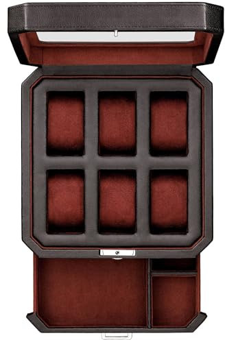 ROTHWELL 6 Slot Leder Uhrenbox mit Valet Schublade - Luxus Uhrengehäuse Display Organizer, Herren Aufbewahrungsboxen Halter Große Glasplatte (Schwarz/Rot)