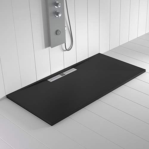 Shower Online Plato de ducha Resina WIDE - 90x120 - Textura Pizarra - Antideslizante - Todas las medidas disponibles - Incluye Rejilla Inox y Sifón - Negro RAL 9005