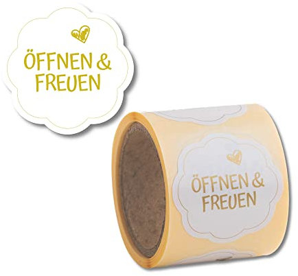 Geschenkaufkleber Öffnen und Freuen 100 Stück d40mm - blumenförmige Etiketten auf Rolle, Weiß/Gold