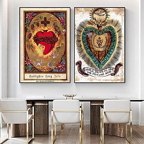 SYXBEIVK Kirche Retro Herz Jesu Leinwand Poster Religion Geweihte Malerei Druck Wandkunst Bild für Wohnkultur-50x70cmx2 (Kein Rahmen)