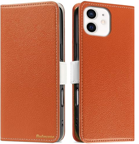 Butnyeoe Mobiltelefonskal för iPhone 12/iPhone 12 Pro vikbart skal, litchi textur läderplånbok, skyddande fodral, flipfodral, magnetiskt lås, vikbart fodral med kortfack stativfunktion, orange