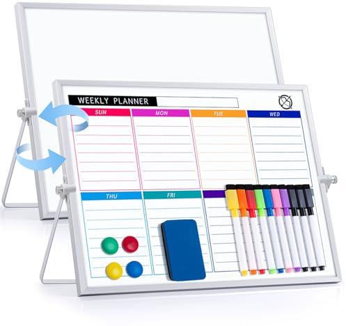 ARCOBIS Dry Erase Whiteboard with Stand, 30 x 40 Weekly Double-Sided Desktop White Board 10 Markers, 4 Magnets, 1 Eraser, Portable Magnetic Dry Erase Calendar for Planning, to Do List, Memo, School