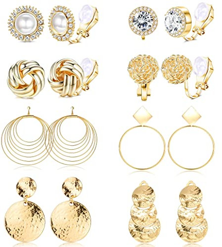 JeryWe 8 Paare Ohrring Clip für Damen Mädchen Ohne Ohrlöcher Perlen CZ Stud Ohrclips Großer Runder Wassertropfen Baumelnde Creolen Ohrringe Nicht durchbohrt Fake Ohrringe gold