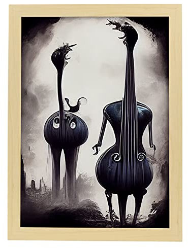 Nacnic Kontrabass im T. Burton Stil. Illustrationen von Jobs und Berufen, inspiriert von Burtons Dark und Goth Kunst. Innenarchitektur und Dekoration. A3 Holzrahmen.