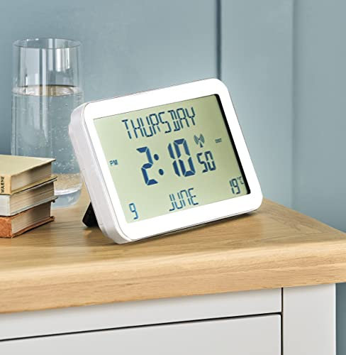 Easy To Read Radio Controlled Calendar Clock – 12.5 x 20 x 2cm Battery Powered Freestanding or Wall Hanging Multi-Language Clock – Accurately Displays Time, Day, Date, Month and Temperature