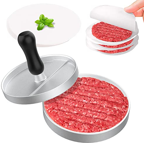GeeRic Prensa de Hamburguesa Prensa para Carne,Antiadherente Prensa Hamburguesa Molde con 100 Hojas de Papel de Aceite