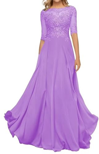 HYEC7 Women's Lace Appliques Mother of The Bride Dresses 3/4 Sleeve Long Formal Evening Dresses A Line Prom Dress Lilac
