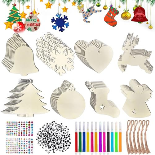 Weihnachtsbaum Deko Holz Set: 224 Stücke Holz Holzanhänger zum Bemalen Deko DIY Basteln Weihnachten Kinder Weihnachtsbasteln Set Weihnachtsdeko Christbaumschmuck Holz Weihnachtsanhänger