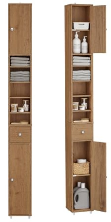 SoBuy Tall Bathroom Cabinet 20cm, Slim Bathroom Storage Unit Freestanding, Water-Resistant with Adjustable Shelves and Drawer,Compact Storage Cupborad, Natural color, W20 x D20 x H180cm BZR34-II-PF