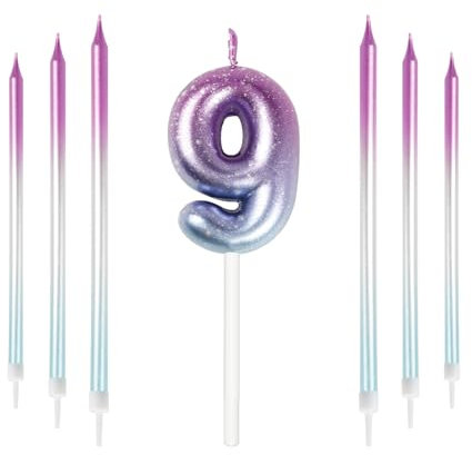 mciskin Purple Blue 9th Birthday Candles, Colorful Long & Number 9 Candle for Cake,Girls Boys 9th Birthday Decorations,Purple Blue Cake Toppers Perfect for Wedding & Party Decorations Supplies