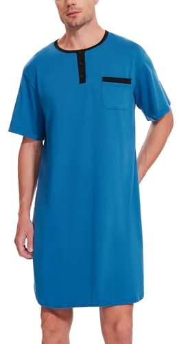 Uniexcosm Camisa de Dormir para Hombre Pijama Hombre Manga Corta Camisón de Algodón Camisa para Dormir Ropa de Dormir Pijama Suave Transpirable Azul XXL