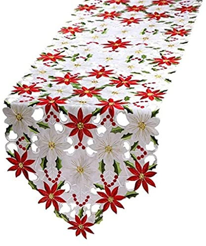 DELURA Tovaglia Ricamata Runner da tavola Rosso Foglia di Agrifoglio for casa, Ristorante, Matrimonio, Decorazioni for Feste