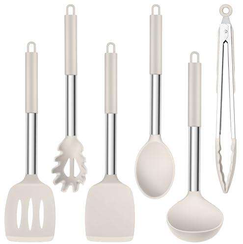 Herogo 6 Pcs Kitchen Utensil Set for Non-Stick Cookware Pan Cooking, Khaki | Heat Resistant Stainless Steel Handle Cooking Tools, for Nonstick Cookware Pans, Include Spatula Turner Spoon, Easy to Clean
