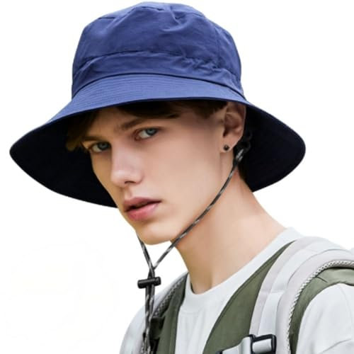 Tyuodna Fischerhut Herren,Sonnenhut Herren Damen wasserdichte Schnelltrocknend,Anglerhut Herren UV-Schutz,Safari Hut Herren mit Verstellbarer Schnur Unisex (Marineblau)