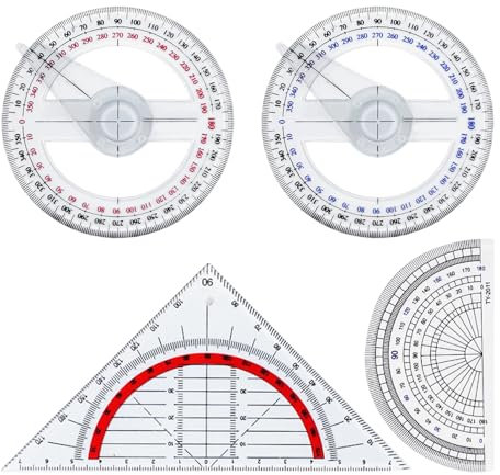 4 Stück Winkelmesser, Zeichen- und Design-Winkelmesser, Winkelmesslineale, Dreieck-, Vollkreis-, Halbkreis-Winkelmesser, Winkelmesswerkzeuge, Lehrmittel für mathematisches Zeichnen.