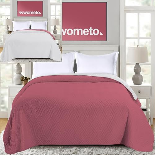 wometo Couvre-lit 170 x 210 cm - Certifié Oeko-Tex - Housse en microfibre rose gris clair matelassé - Design réversible - XXL